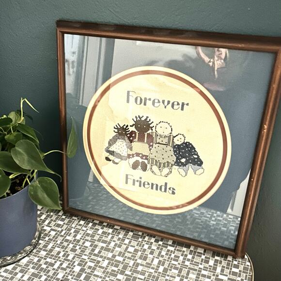 Vintage Forever Friends Handmade Needlepoint Cross Stitch, Matted & Framed - Picture 1 of 9